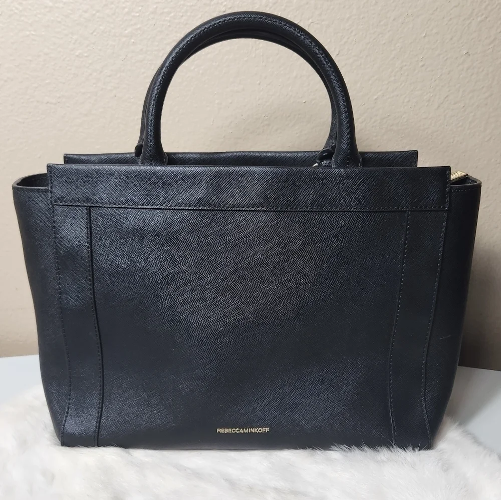 Rebecca Minkoff Monroe Black Saffiano Leather Purse Tote w/Crossbody Strap
